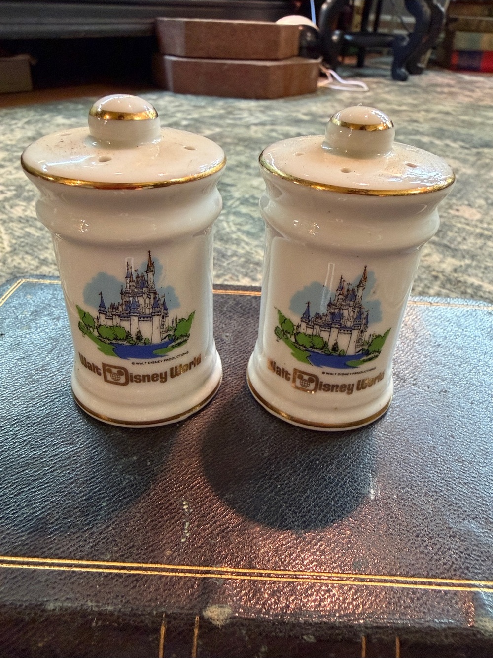 Vintage Disney White Ceramic Castle Salt & Pepper Shakers with Gold Trim